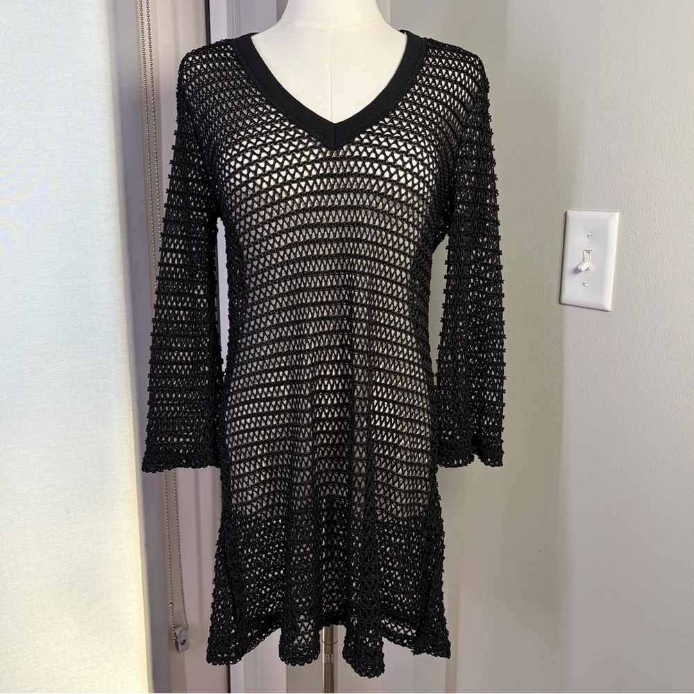 Elif by Jordan Taylor Black Open Knit Net Swim Cover Up Tunic Beach Dress